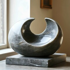 A large, round sculpture made of stone sits on a pedestal