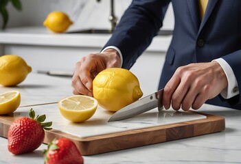 Stylish Man in Suit Slicing a Lemon on a Marble Countertop. Generative AI