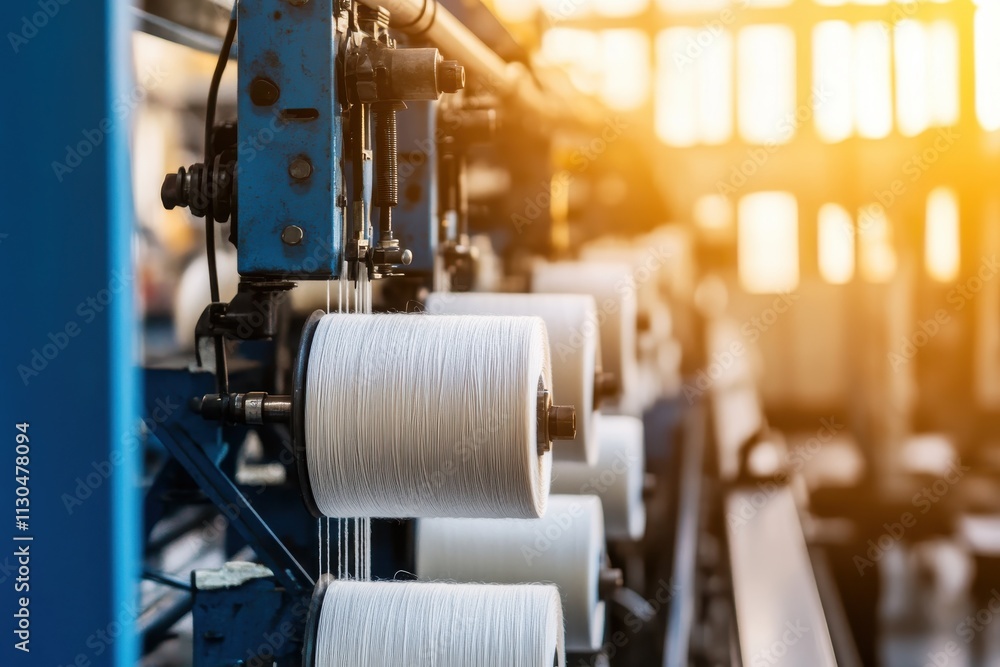 Poster an angled view of an industrial textile manufacturing machine featuring multiple spools of white thr