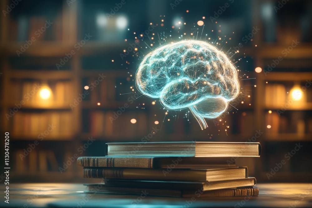 Poster an imaginative depiction of an illuminated digital brain hologram floating above a stack of books in