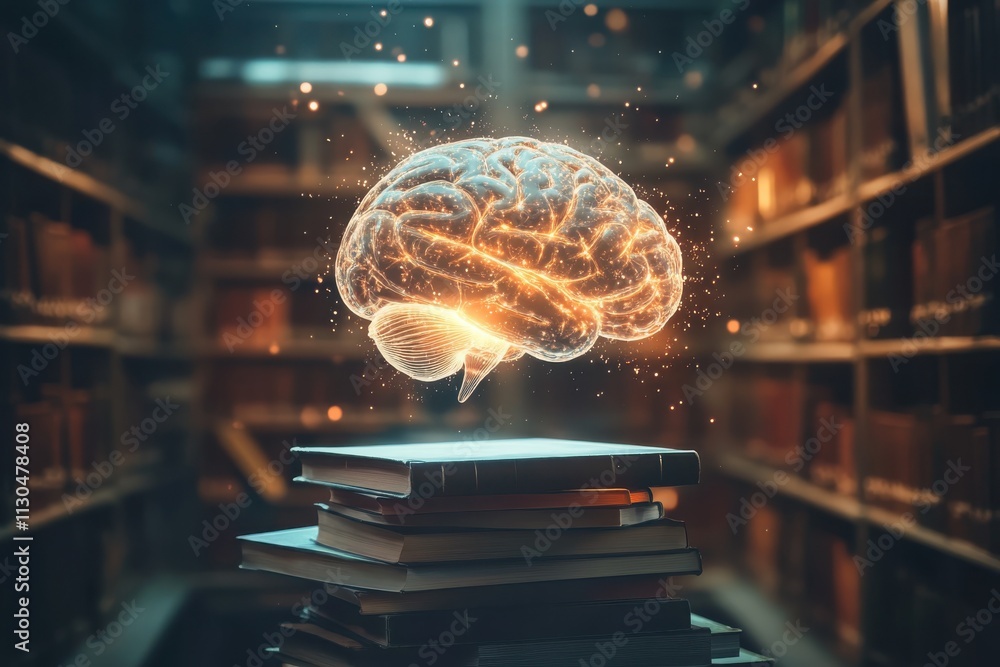 Poster an imaginative depiction of an illuminated digital brain hologram floating above a stack of books in