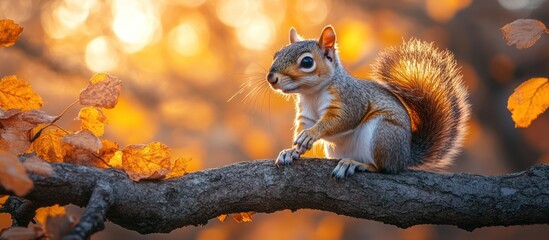 Fototapeta premium A squirrel on a branch in autumn sunlight.