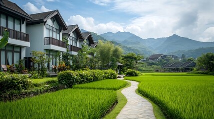Fototapeta premium Luxurious glass walled suites nestled in a modern tropical resort offering breathtaking views of vibrant green rice paddies and a picturesque valley landscape in the background