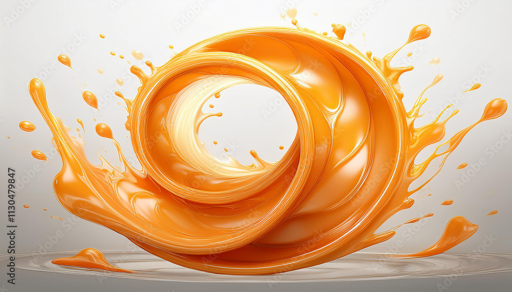 Poster abstract splash of orange juice with a slice of orange.