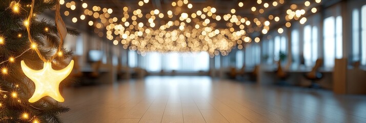 Blurred Office Interior With Festive Christmas Lights and Star Decoration in Foreground