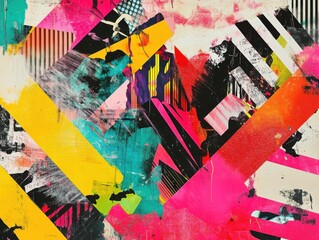 Bold graphic design with vibrant colors, abstract shapes, and layered patterns in organized chaos