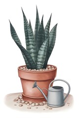 botanical illustration of a snake plant in a terracotta pot