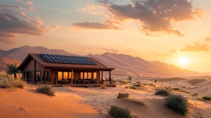 Eco Friendly Desert Lodge Powered by Renewable Solar Energy Featuring Rustic Decor and Minimalist Design Nestled Amidst Endless Sand Dunes for a Serene and Sustainable Retreat