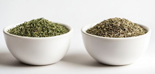 Fresh Green Thyme and Dried Oregano in Bowls on White Background
