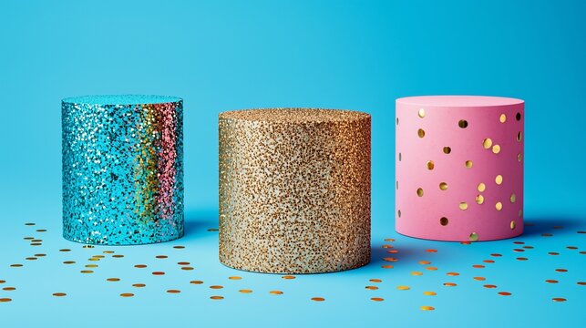 Three glittery cylindrical displays on blue background.