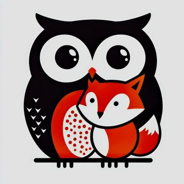 Bold and easy line drawing of an cute owl chlling with a fox