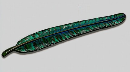 A striking feather from a toucanet bird, showcasing vibrant green and blue streaks