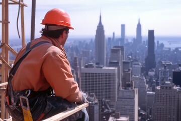 Construction worker overlooking a city skyline from a high rise.