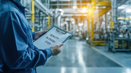 Worker in factory holding clipboard with Quality in Every Step written on a checklist in industrial setting