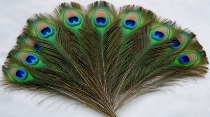 Fototapeta premium A striking peacock feather with its iridescent eye spot, arranged symmetrically on white