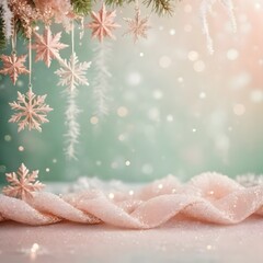Fototapeta premium Elegant Christmas Background with Delicate Pink Snowflakes and Sparkling Fabric