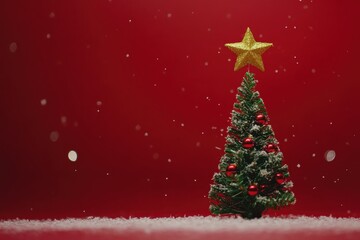 Obraz premium Christmas tree, red background festive lights decorations bokeh effect holiday theme, gold star topper warm atmosphere cozy setting