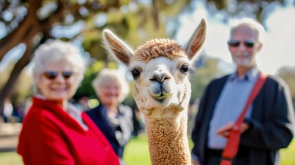 A therapy alpaca standing near an elderly group at an outdoor senior center event