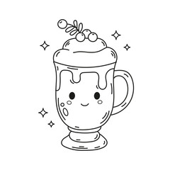 Drink in a glass with a straw with a cute bunny in kawaii style, hand drawn doodle.