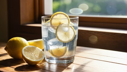Fototapeta premium Glass of water with lemon slices and ice cubes on a wooden table, with sunlight streaming through a nearby window