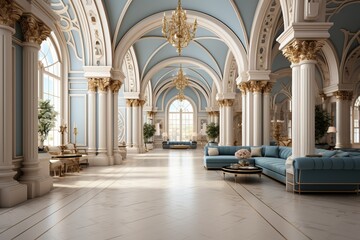 Fototapeta premium Beautiful front hall in the library with columns and vaulted ceilings, interior lighting, exquisite vintage decor.