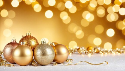 Golden Christmas background. Golden Christmas ornaments on glittering background
