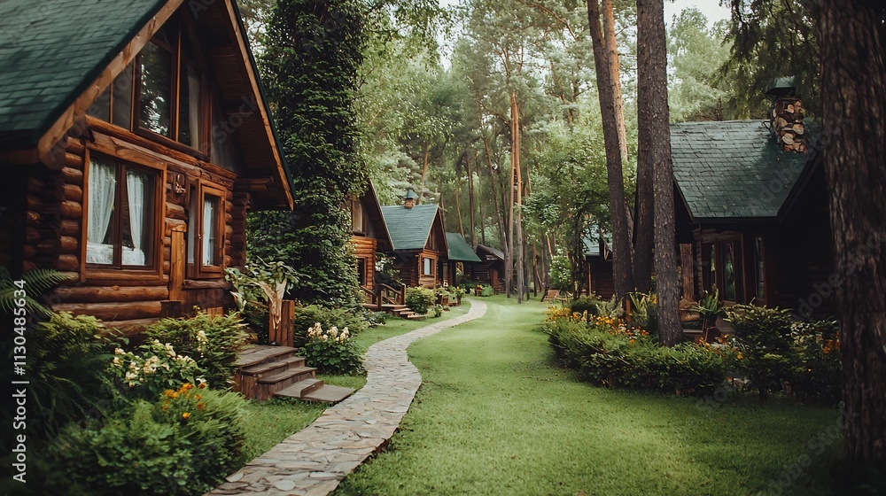 Poster charming forest resort with rustic log cabins nestled amidst towering pine trees and a serene windin