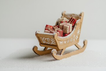 A beautiful wooden sled adorned with festive gifts brings a touch of holiday cheer. This charming decoration captures the spirit of the season perfectly. Generative AI.