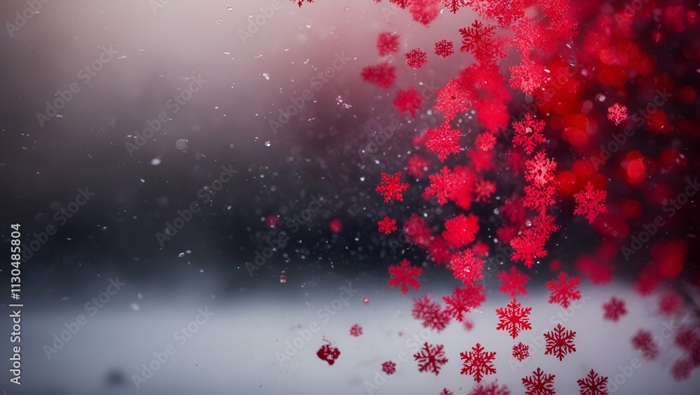 Poster a richly textured red background adorned with luminous bokeh effects and floating snowflakes. the bo