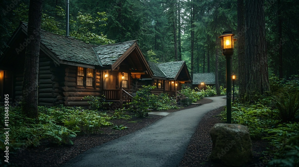 Aufkleber charming forest resort with rustic log cabins and serene winding path through towering pines idyllic