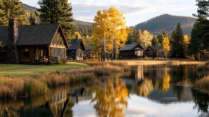 Fototapeta premium Serene and tranquil forest retreat featuring a small lake that beautifully reflects the surrounding towering pine trees and rustic log cabins creating a peaceful and picturesque outdoor haven
