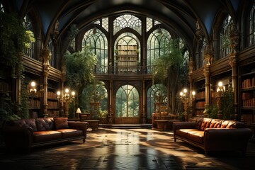 Beautiful library architecture with giant bookshelves, epic interior with large windows, luxury design for architecture lovers.