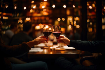 Close up of couple in love clinking glasses drinking wine having romantic dinner date celebrating. Valentines Day evening anniversary sitting at table at home or in restaurant