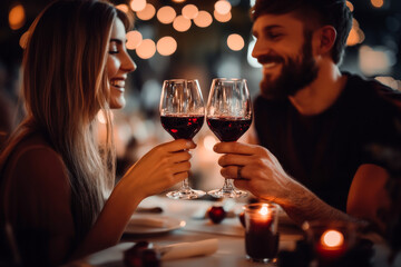 Close up of couple in love clinking glasses drinking wine having romantic dinner date celebrating. Valentines Day evening anniversary sitting at table at home or in restaurant