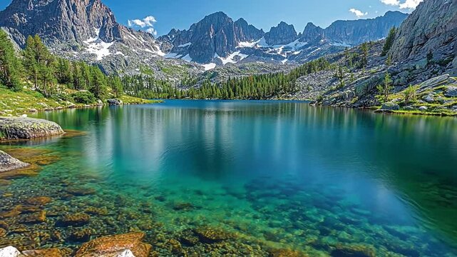 beautiful view of the lake with clear water against a backdrop of rocky mountains and blue sky footage