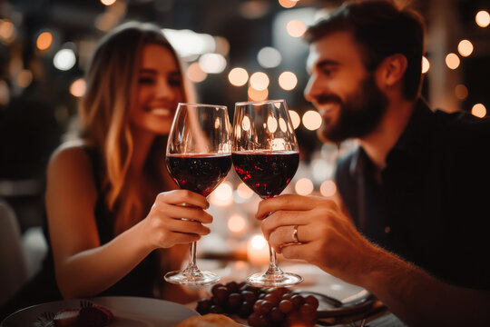 Close up of couple in love clinking glasses drinking wine having romantic dinner date celebrating. Valentines Day evening anniversary sitting at table at home or in restaurant - Powered by Adobe