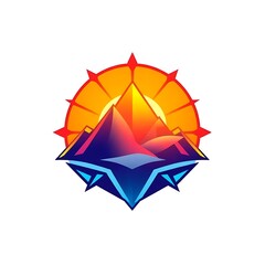 Fototapeta premium Radiant Peaks Logo: A vibrant logo design featuring stylized mountains at sunset, encircled by a compass rose, symbolizing adventure, exploration, and achievement.