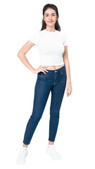 Obraz premium Woman pg mockup in white crop top and jeans street wear
