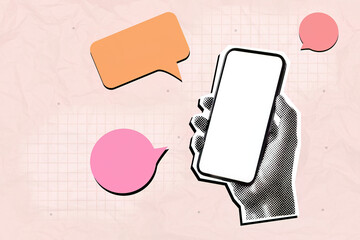Collage of thoughts hand holding smartphone with halftone speech bubbles digital arts creative...