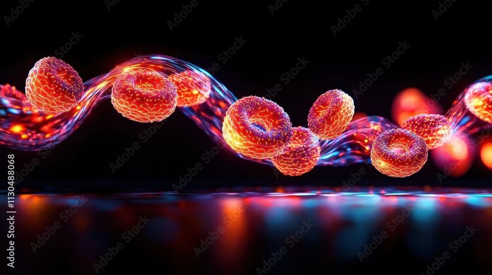 Poster Glowing Red Cells Flowing in Neon Stream Abstract Science Background