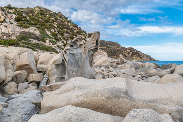 A glimpse of the beautiful rock formations that characterize Punta Molentis beach, Sardinia, Italy