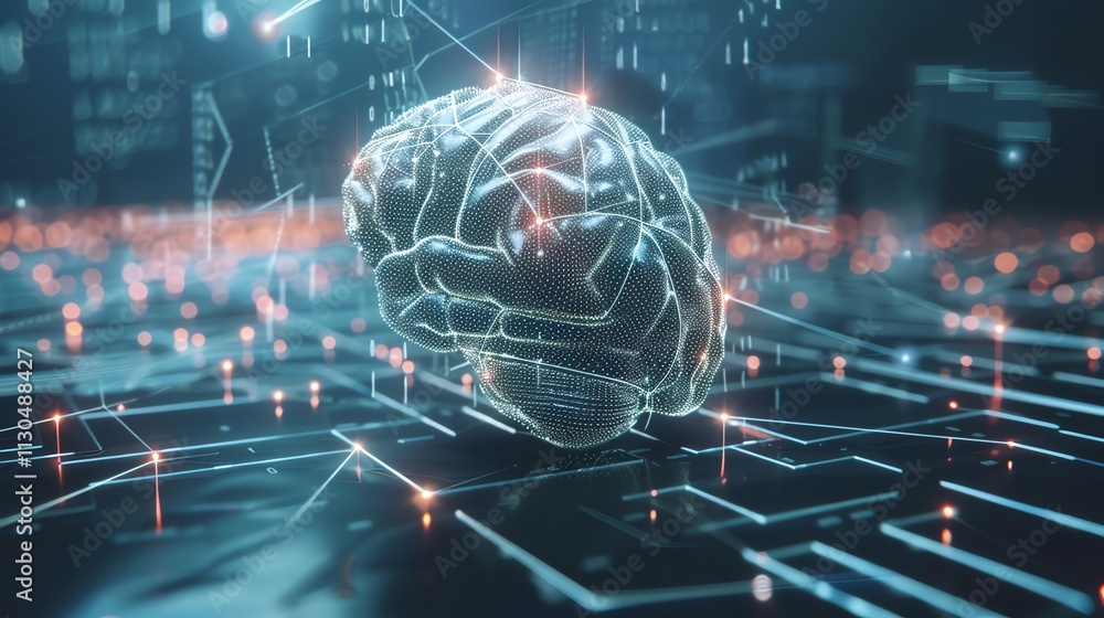 Poster a 3d rendering of a human brain with glowing connections.