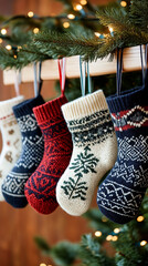 Five Knit Christmas Stockings Hanging from Mantelpiece