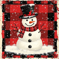 Vintage-style snowman with top hat and buttons in snowy scene. Ideal for winter campaigns, Christmas invitations, and nostalgic branding.