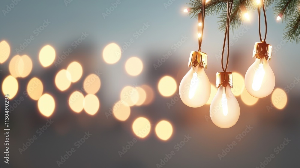 Poster A warm, cozy image featuring glowing light bulbs hanging from a branch, creating a festive atmosphere with a blurred background of soft lights.