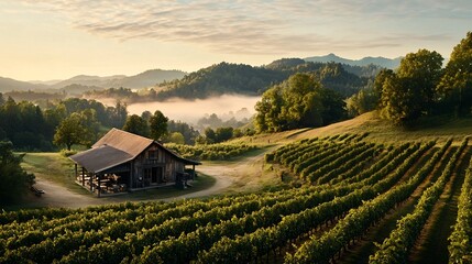 Obraz premium Cozy Peach Orchard Retreat with Misty Hills in the Background Rows of lush fruit laden peach trees set against a backdrop of rolling hazy hills create a serene and inviting countryside landscape