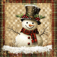 Charming snowman with plaid scarf and top hat decorated with holly. Perfect for Christmas cards, seasonal ads, and winter decor.