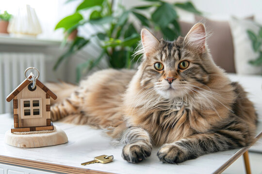 Fluffy tabby cat lying on table next to wooden keychain house and golden key. Cozy living room interior. House purchase and rent concept. Real estate and insurance