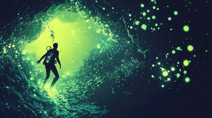 Obraz premium A diver exploring a luminous underwater cave, surrounded by glowing particles and aquatic life.
