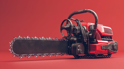 Naklejka premium A powerful gas-powered chainsaw with a detailed engine on a solid red background.
